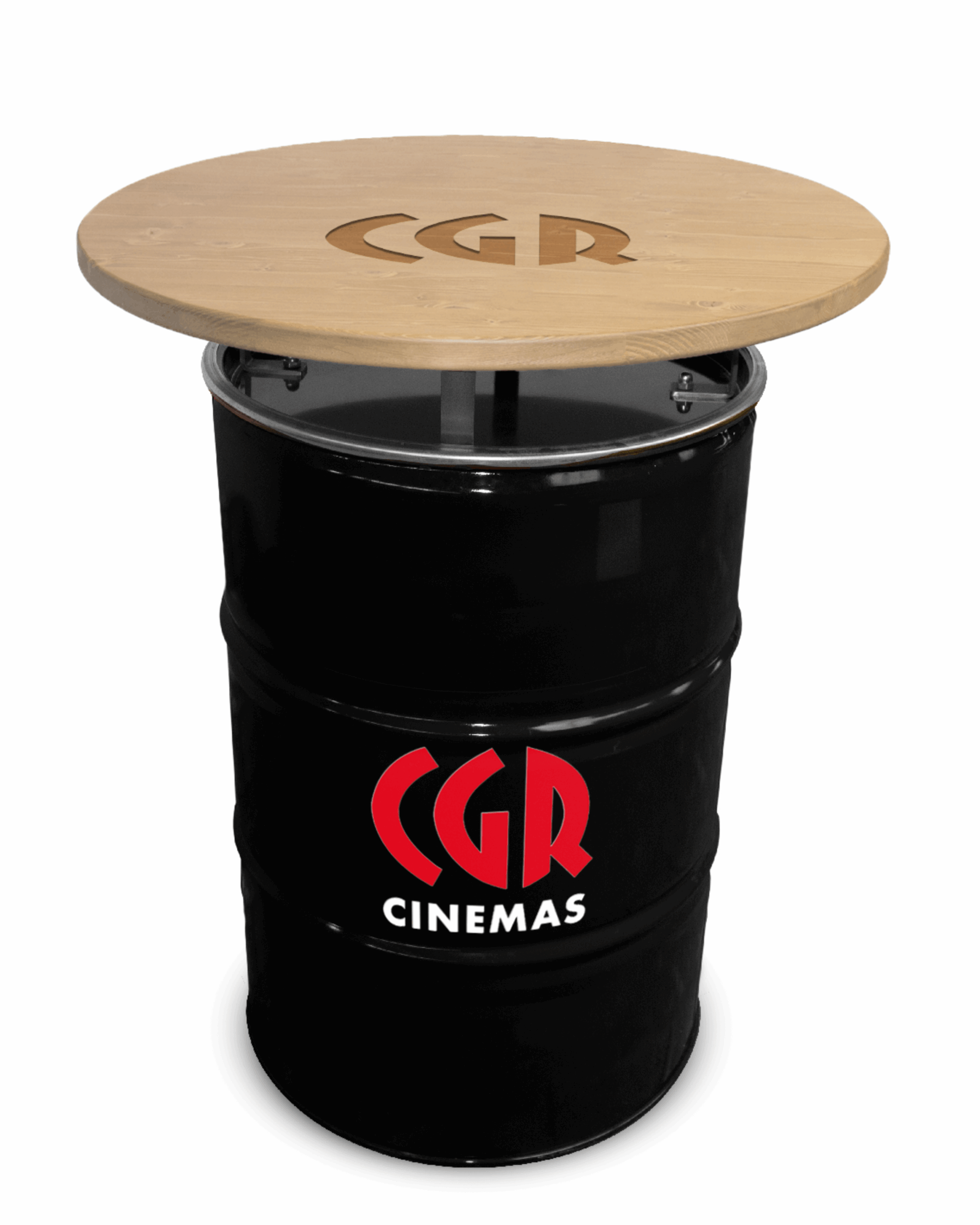 Baril table haute plateau bois version noire avec logo